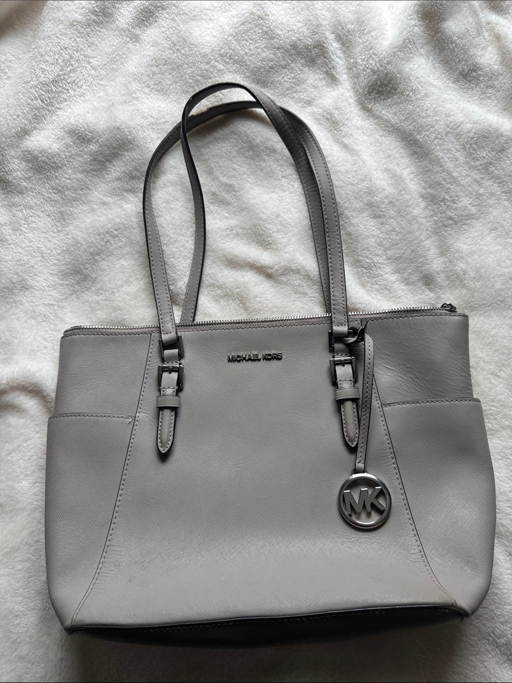 Michael Kors Light Gray Leather Tote with MK Charm